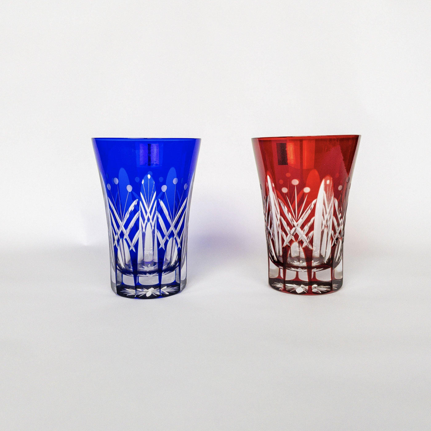 Tajima Glass / Edo Kiriko Flashed Glass 'Utsushimi Tamayarai mon' Red & Azure Blue