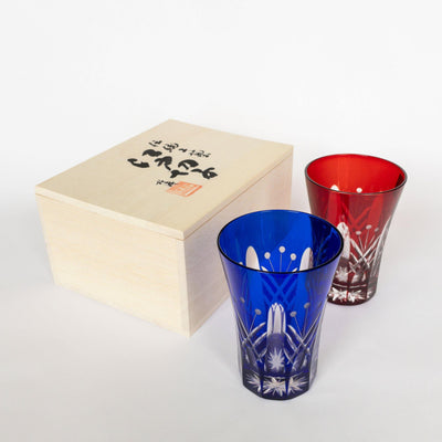 Tajima Glass / Edo Kiriko Flashed Glass 'Utsushimi Tamayarai mon' Red & Azure Blue